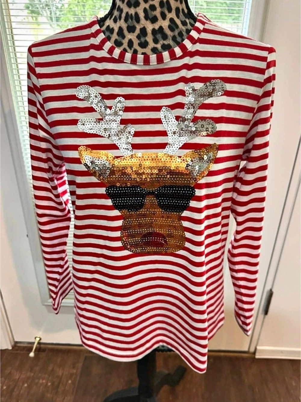 Red & White Striped Sequin Reindeer Long Sleeve